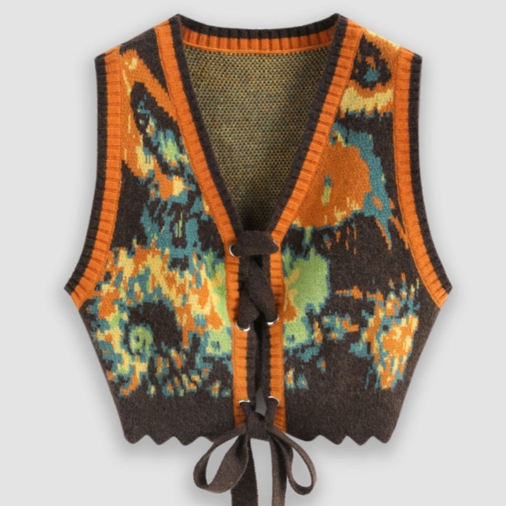 LACE UP CONTRAST BINDING SWEATER VEST- S
